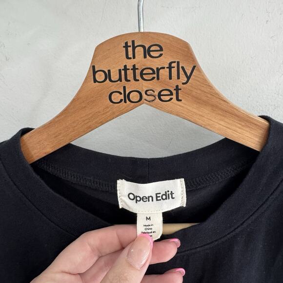 Open Edit Pintuck Cinched Waist Short Sleeve Black Tee Medium LS - Picture 2 of 3